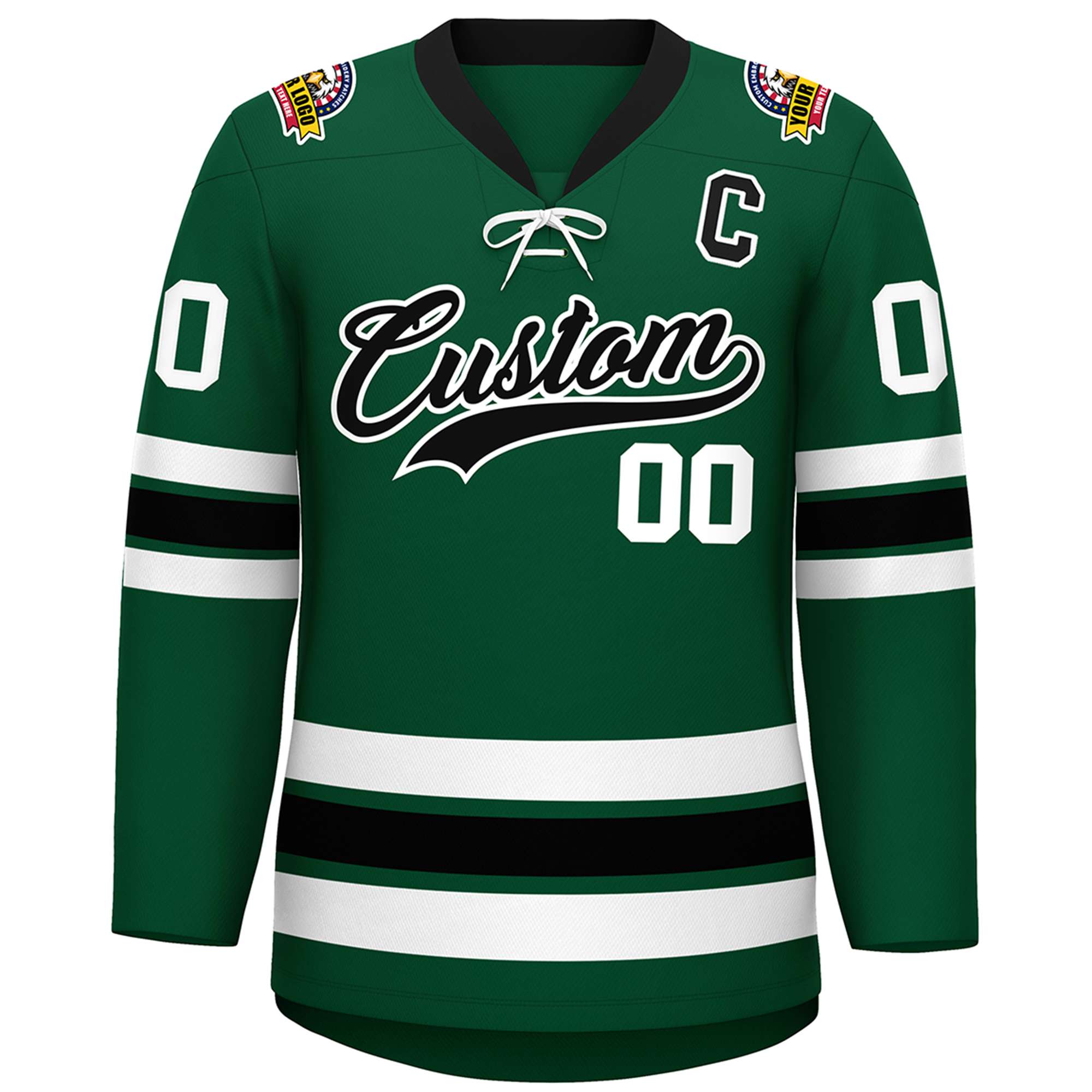 Custom Green Black-White Lace-Up Neck Hockey Jersey