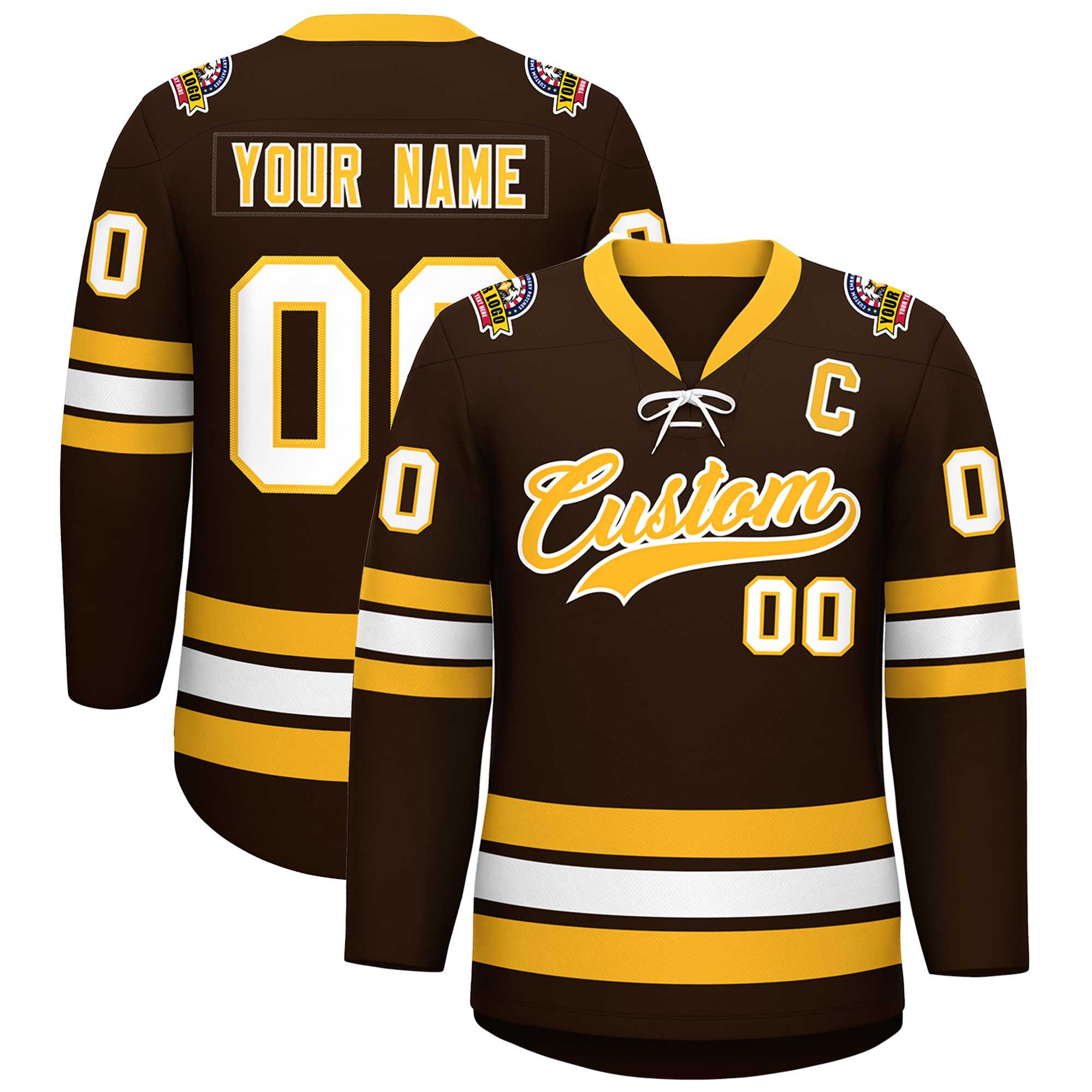 Custom Brown Yellow-White Lace-Up Neck Hockey Jersey