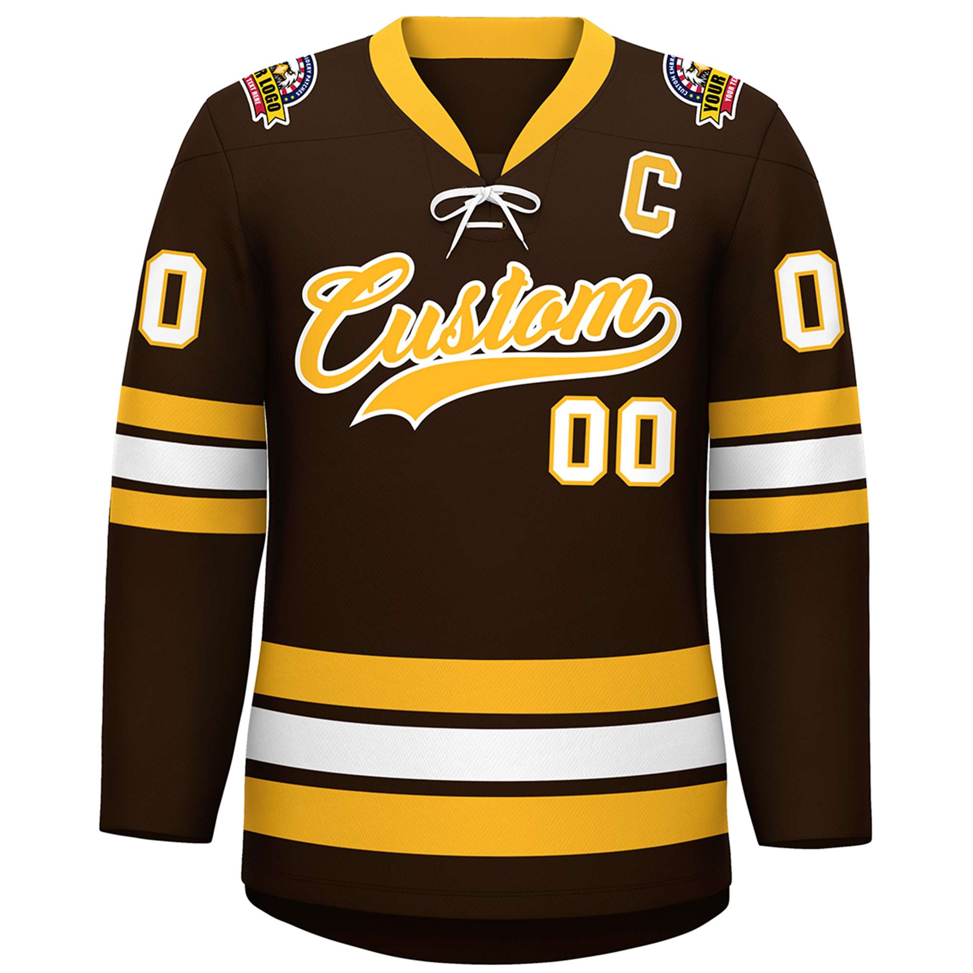 Custom Brown Yellow-White Lace-Up Neck Hockey Jersey