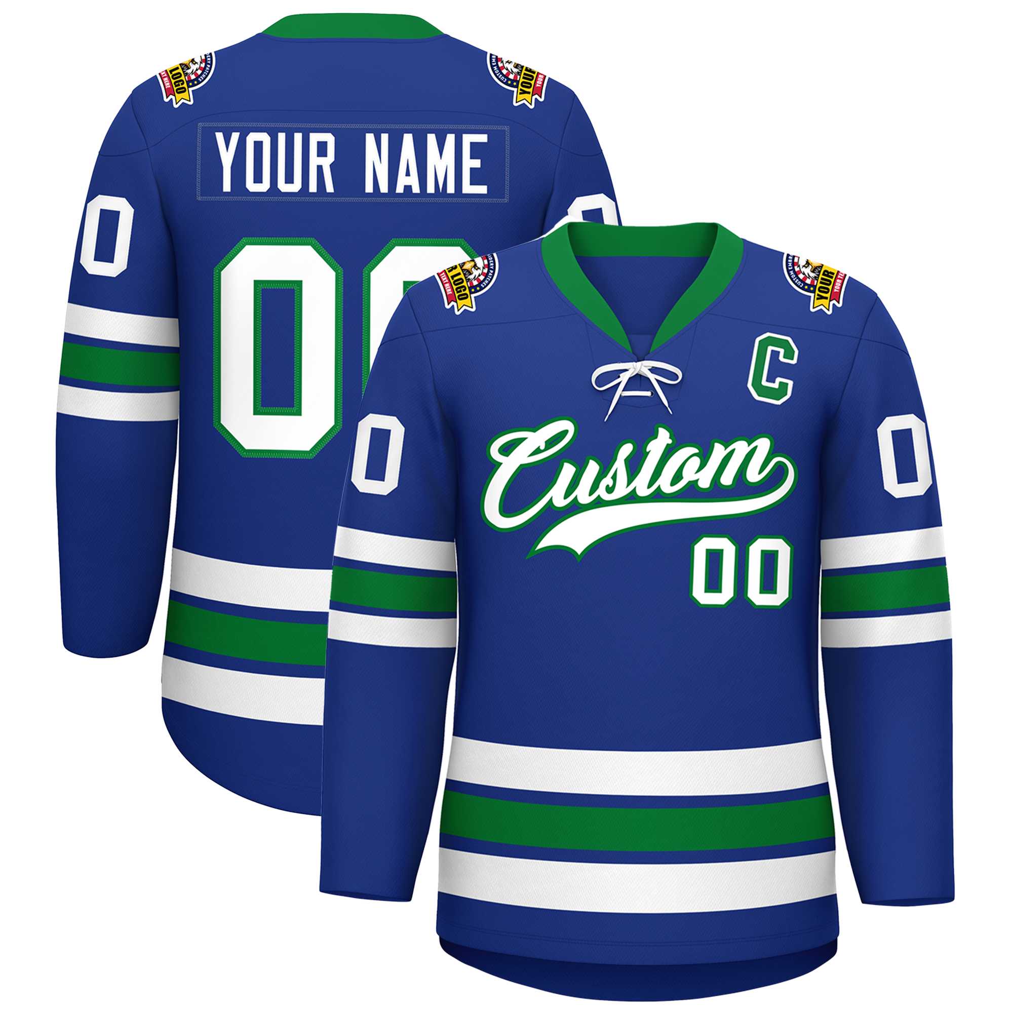 Custom Royal White-Kelly Green Lace-Up Neck Hockey Jersey