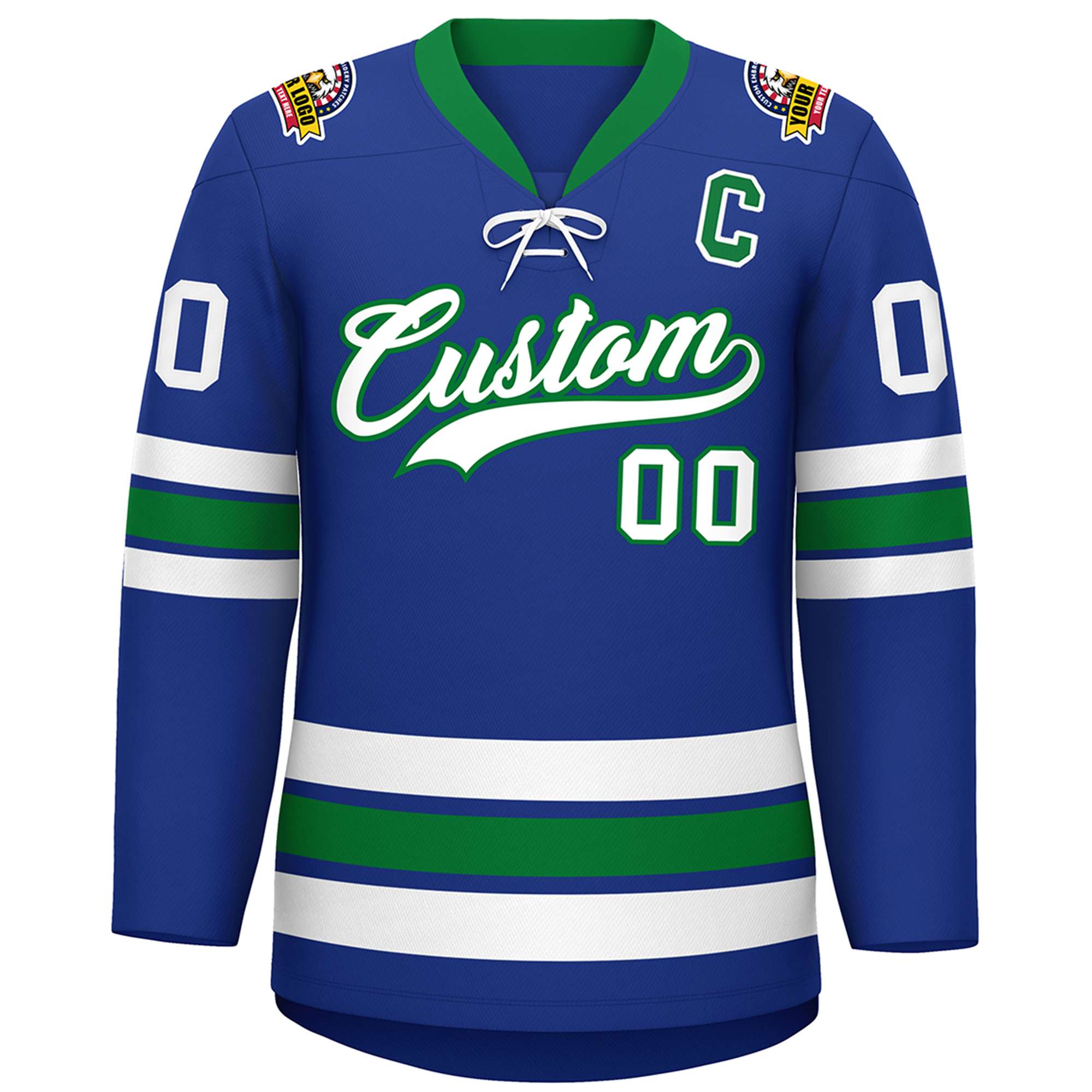 Custom Royal White-Kelly Green Lace-Up Neck Hockey Jersey