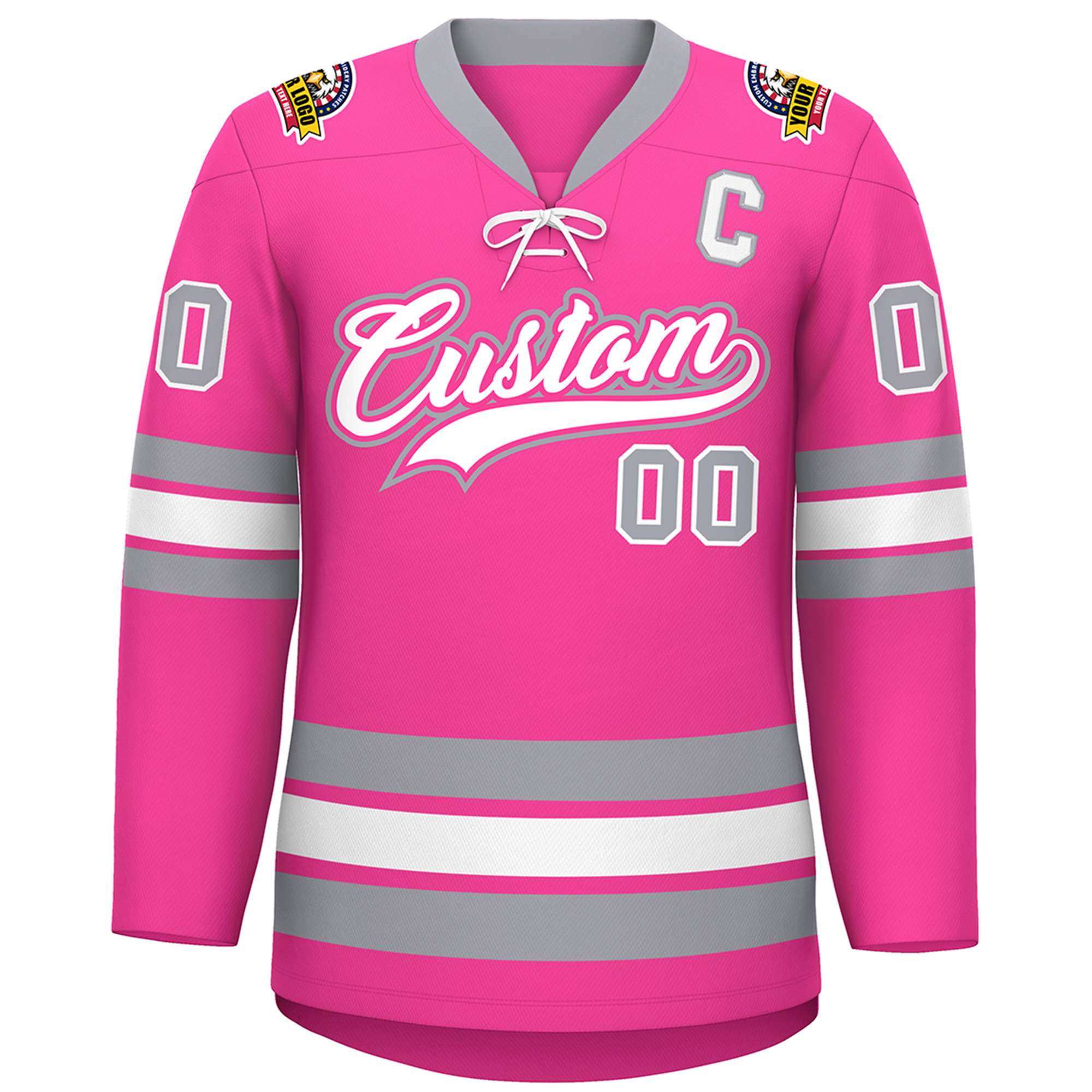 Custom Pink White-Gray Lace-Up Neck Hockey Jersey