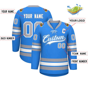 Custom Powder Blue White-Gray Lace-Up Neck Hockey Jersey