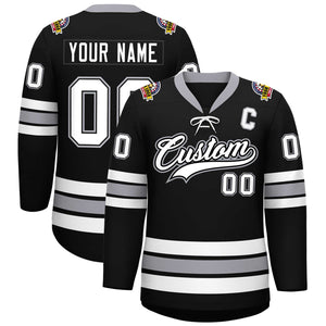 Custom Black White-Gray Lace-Up Neck Hockey Jersey