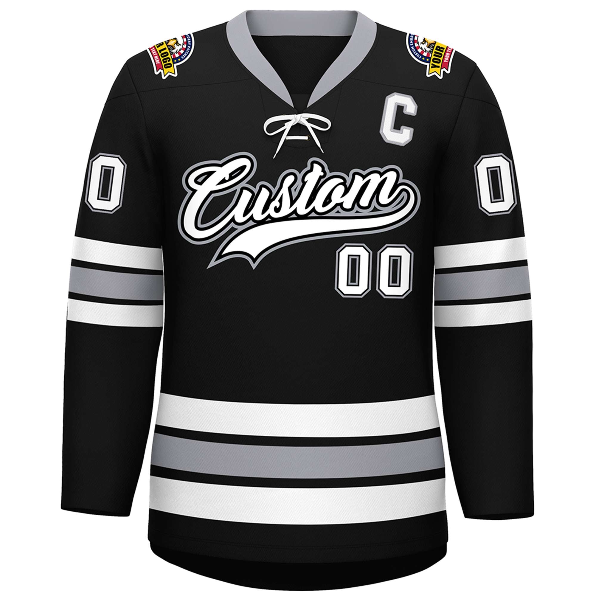 Custom Black White-Gray Lace-Up Neck Hockey Jersey