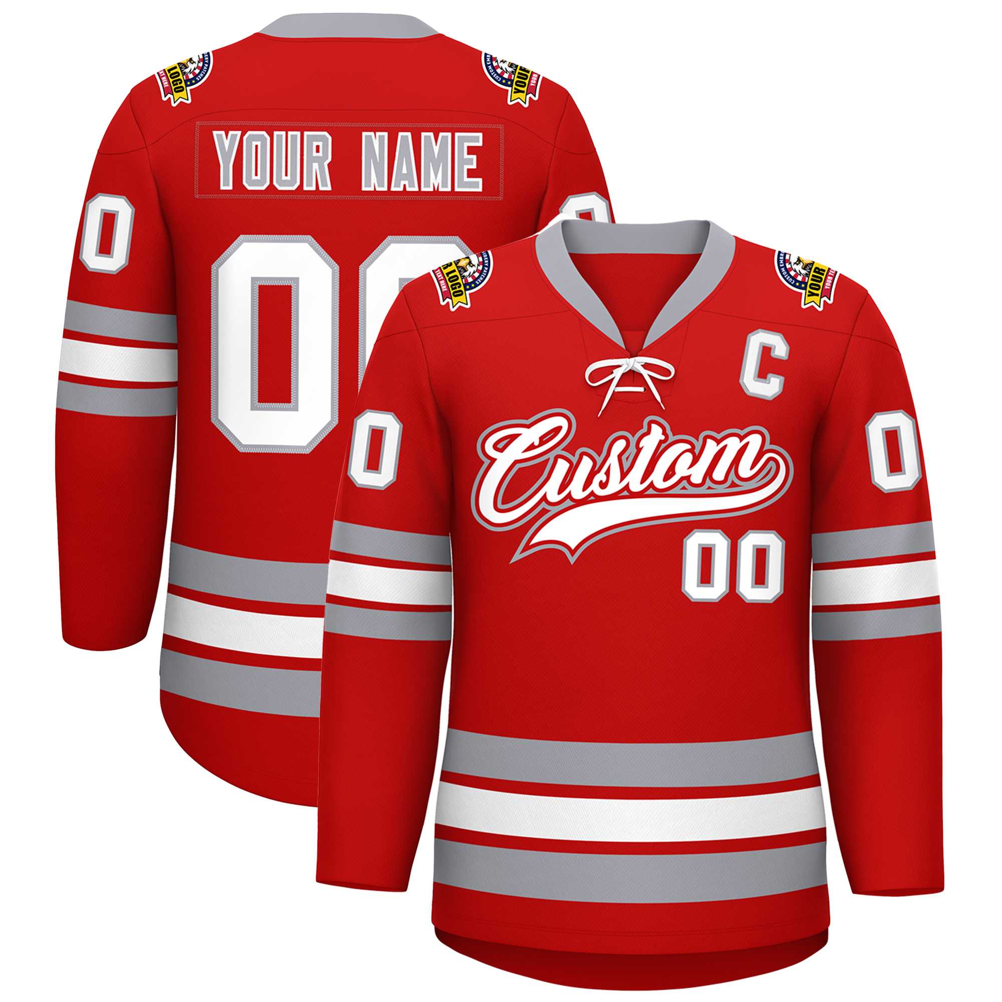 Custom Red White-Gray Lace-Up Neck Hockey Jersey