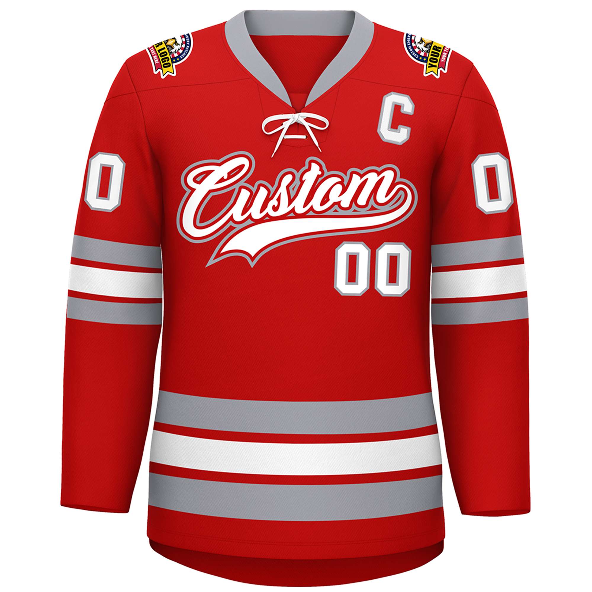 Custom Red White-Gray Lace-Up Neck Hockey Jersey