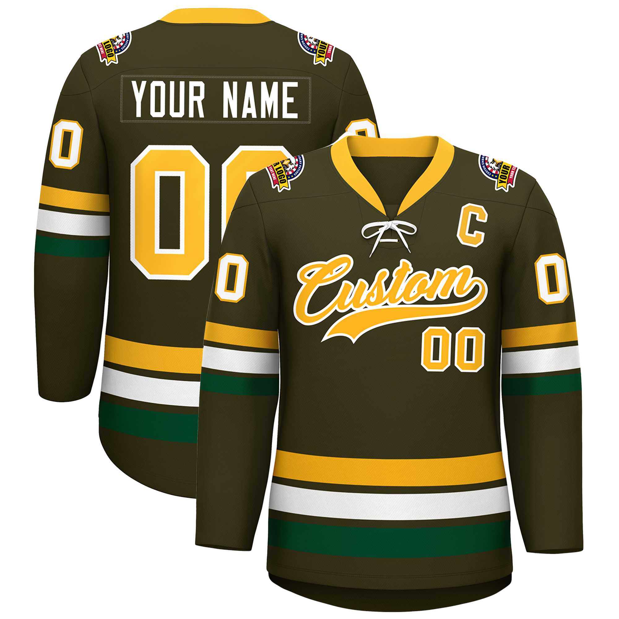 Custom Olive Yellow-White Lace-Up Neck Hockey Jersey