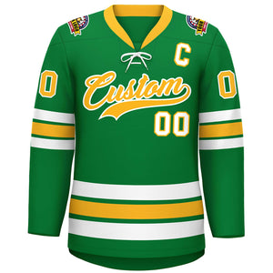 Custom Kelly Green Yellow-White Lace-Up Neck Hockey Jersey