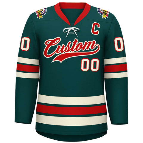Custom Midnight Green Red-Cream Lace-Up Neck Hockey Jersey