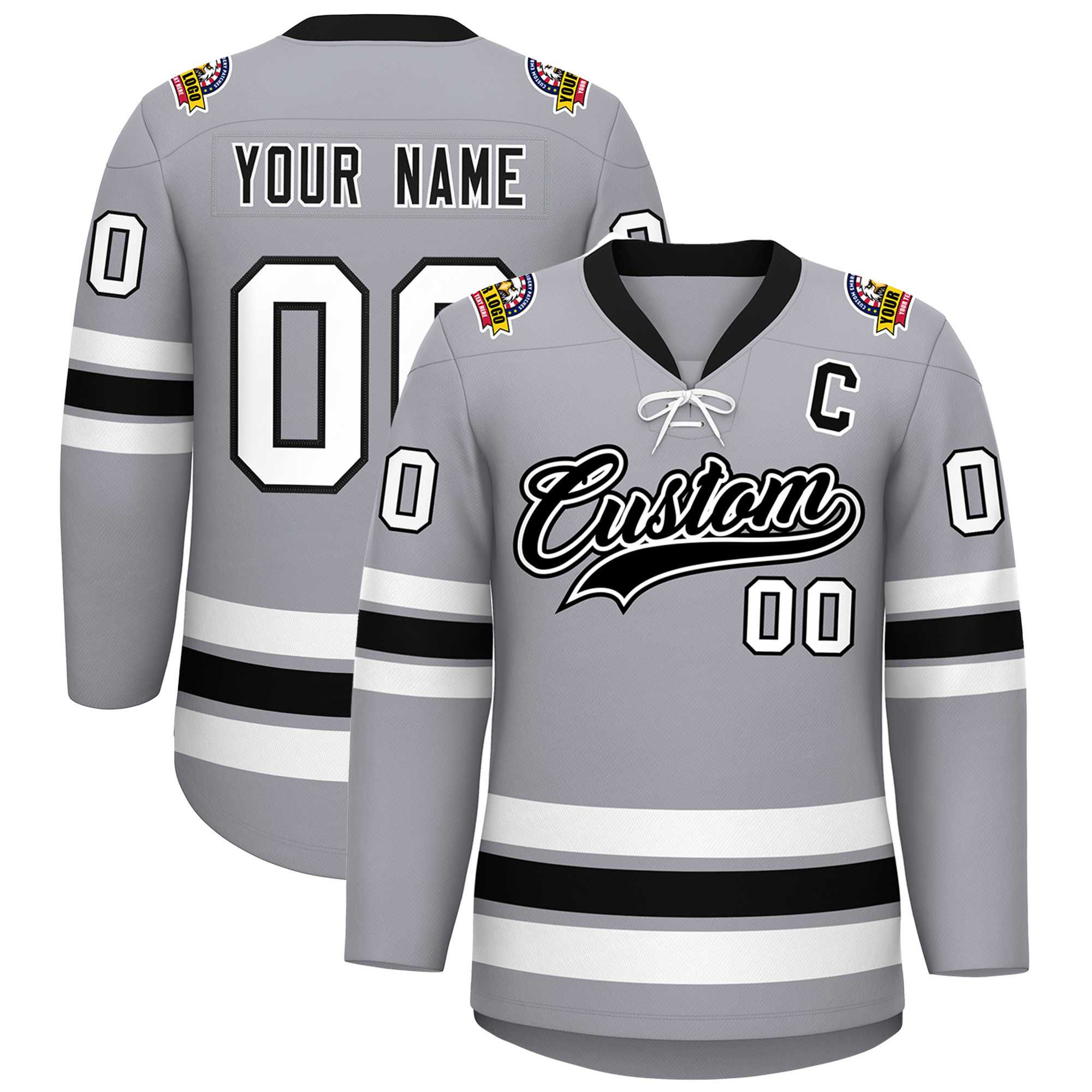 Custom Gray Black-White Lace-Up Neck Hockey Jersey