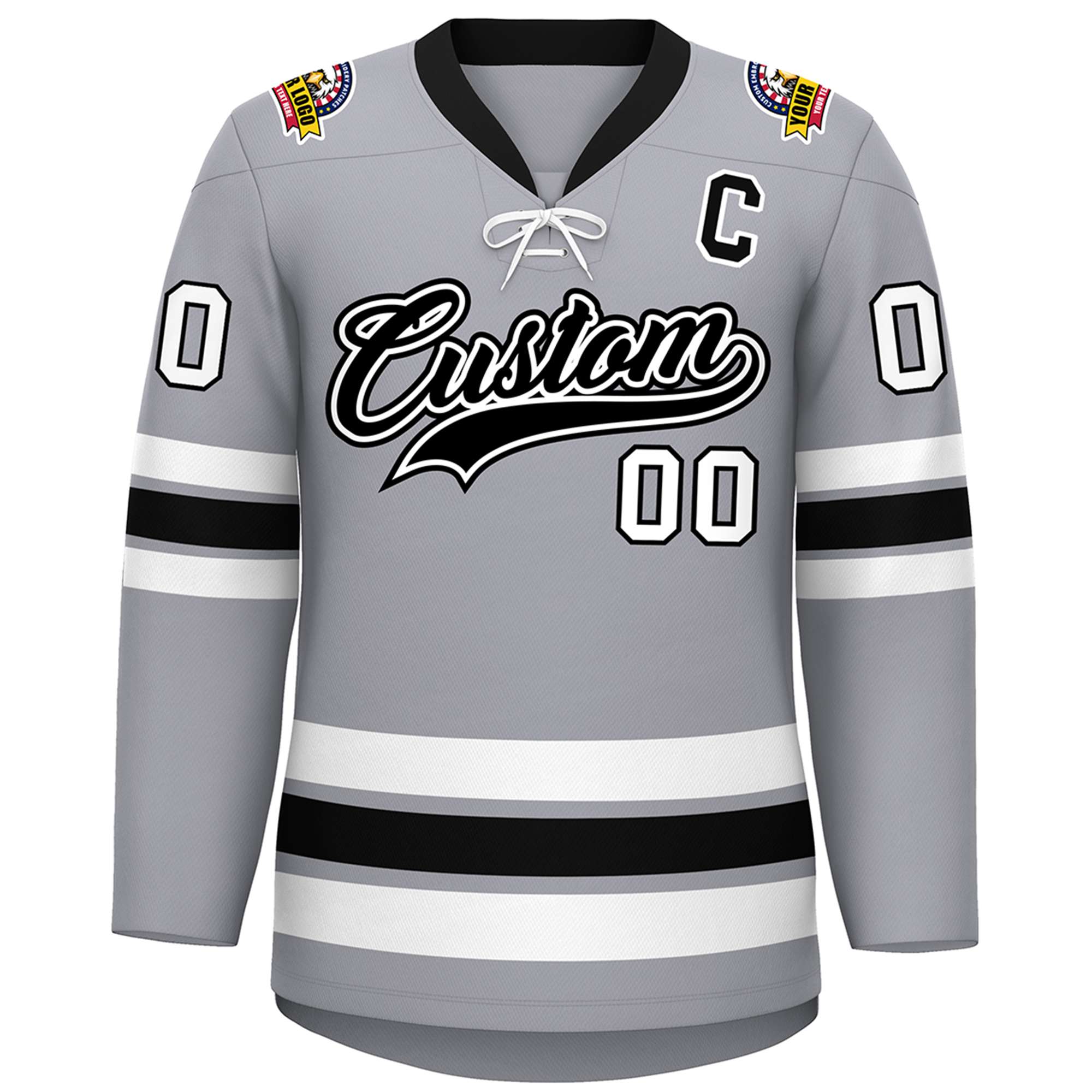 Custom Gray Black-White Lace-Up Neck Hockey Jersey