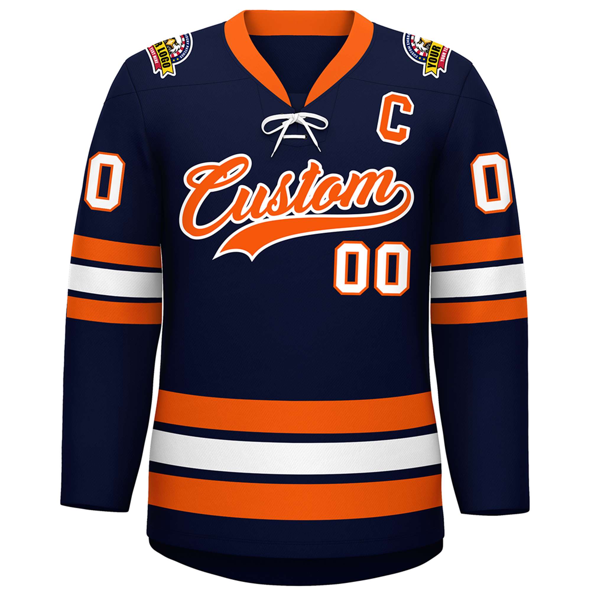 Custom Navy Orange-White Lace-Up Neck Hockey Jersey