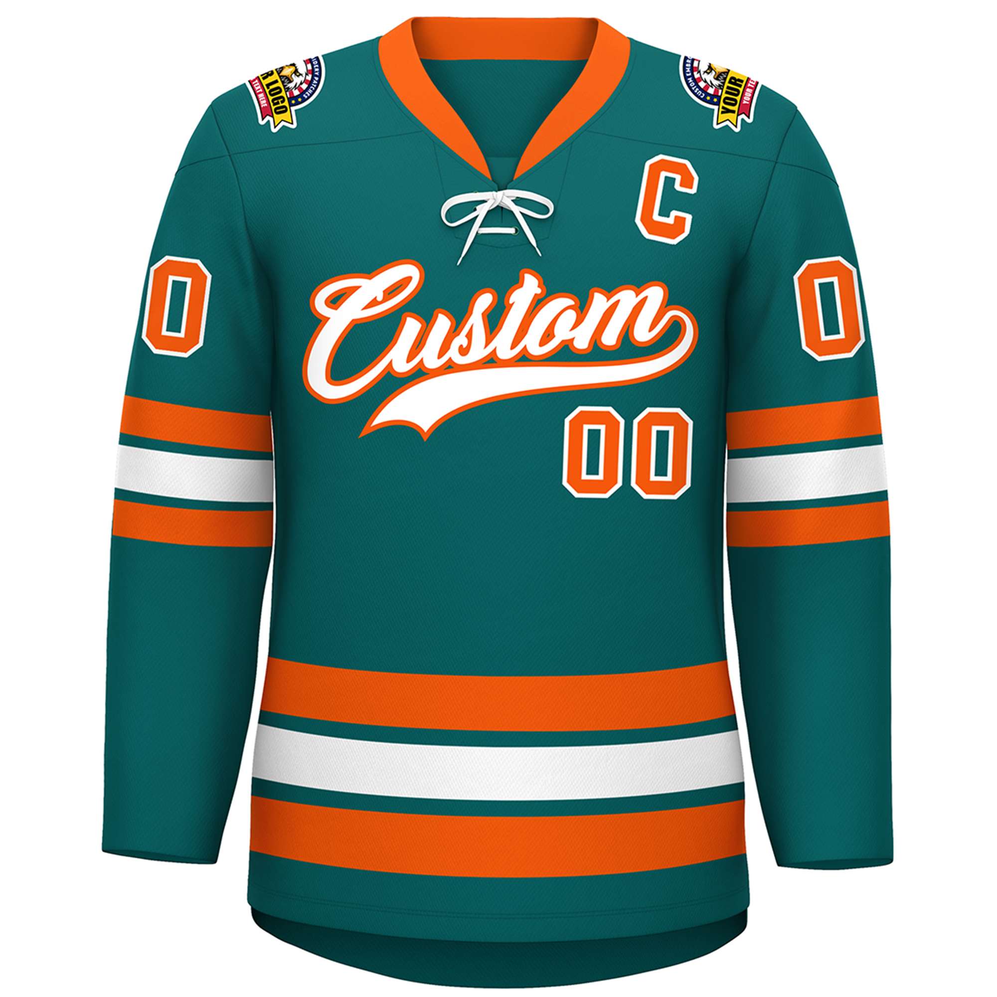 Custom Aqua White-Orange Lace-Up Neck Hockey Jersey