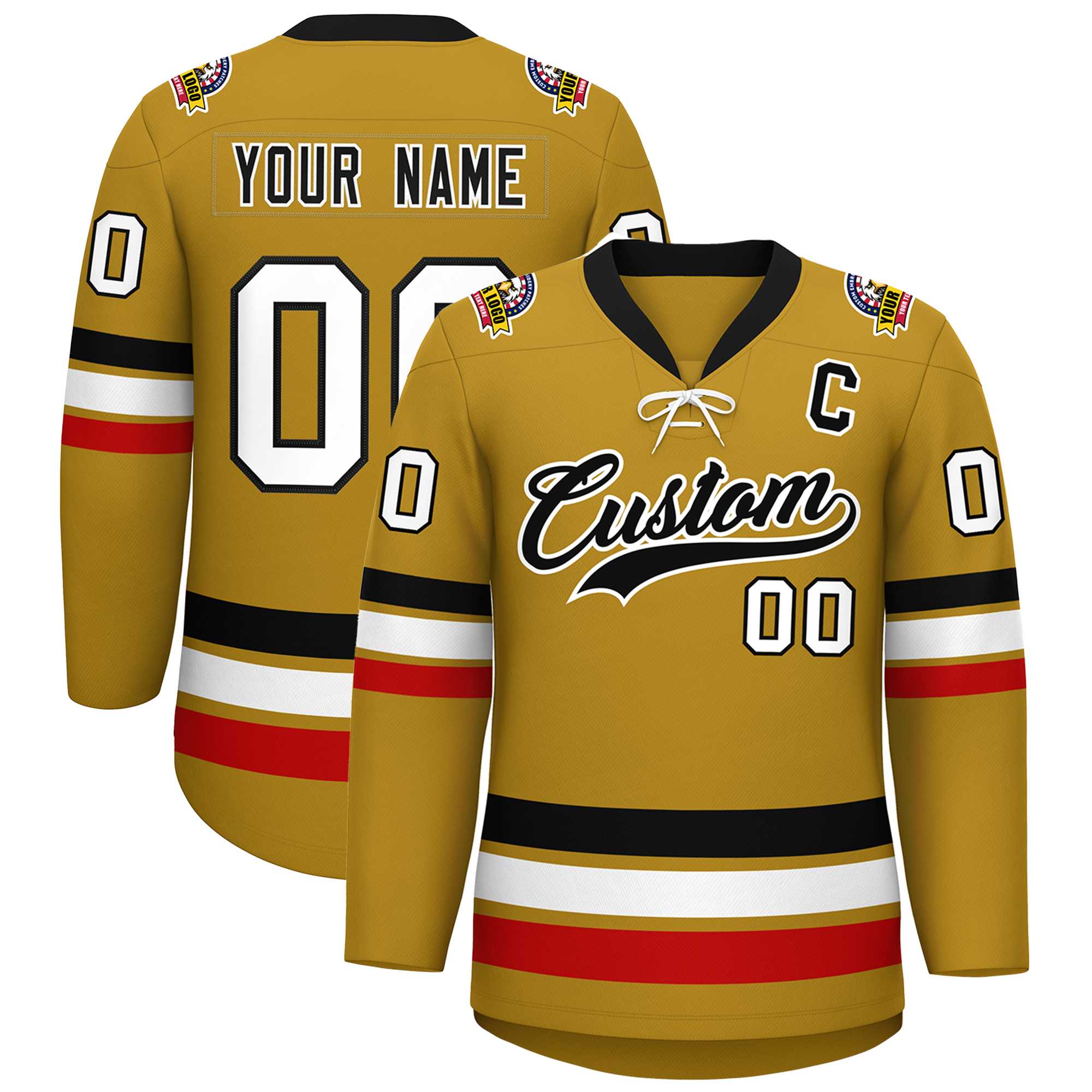 Custom Old Gold Black-White Lace-Up Neck Hockey Jersey