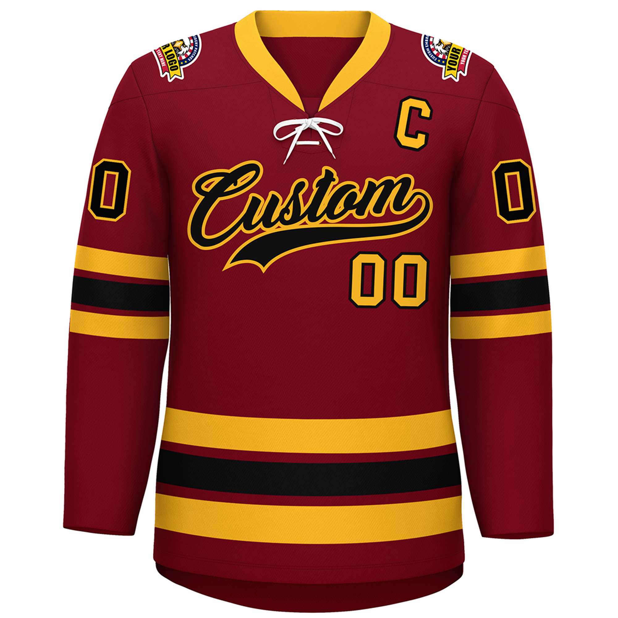 Custom Crimson Black-Yellow Lace-Up Neck Hockey Jersey