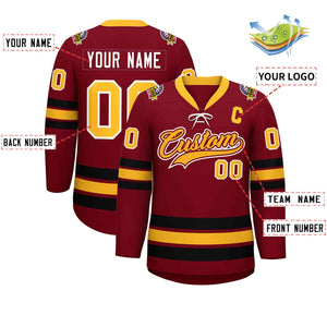 Custom Crimson Yellow-Black Lace-Up Neck Hockey Jersey