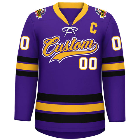 Custom Purple Yellow-Black Lace-Up Neck Hockey Jersey