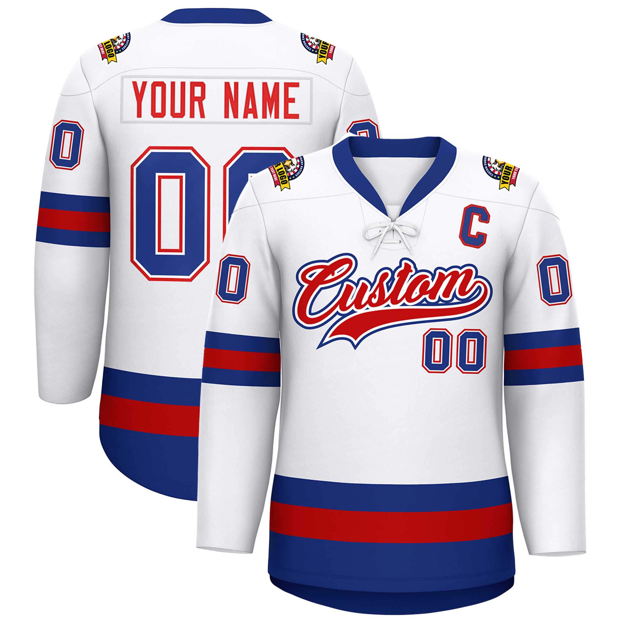 Custom White Red-Royal Lace-Up Neck Hockey Jersey