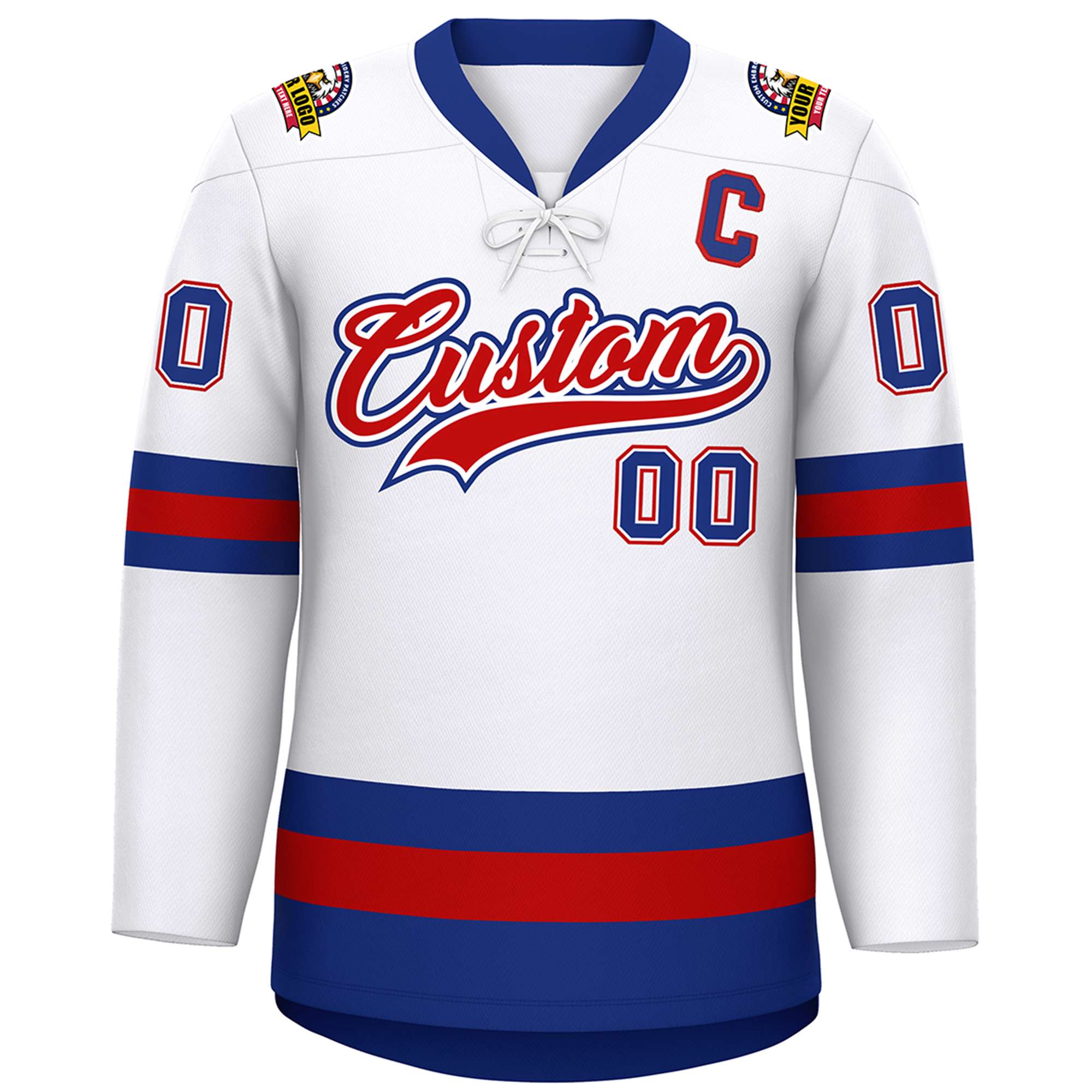 Custom White Red-Royal Lace-Up Neck Hockey Jersey