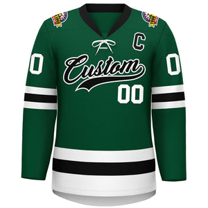 Custom Green Black-White Lace-Up Neck Hockey Jersey