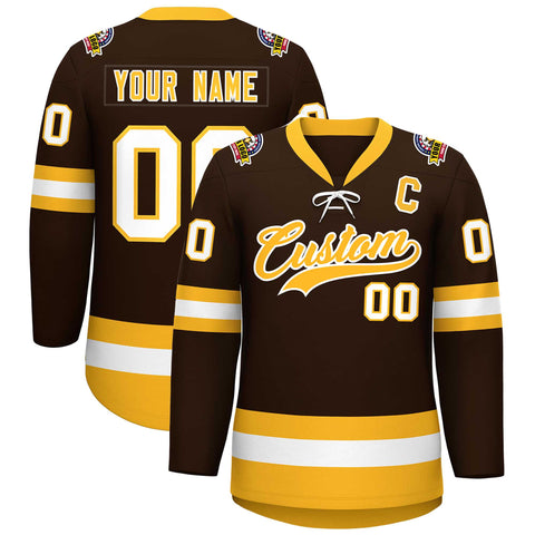 Custom Brown Gold-White Lace-Up Neck Hockey Jersey