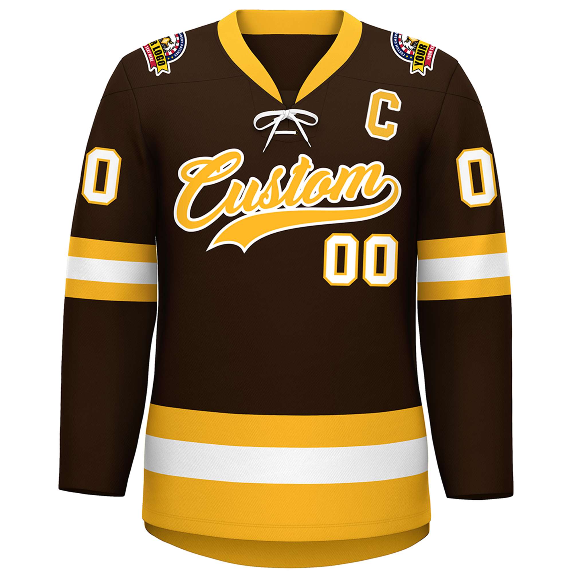 Custom Brown Gold-White Lace-Up Neck Hockey Jersey