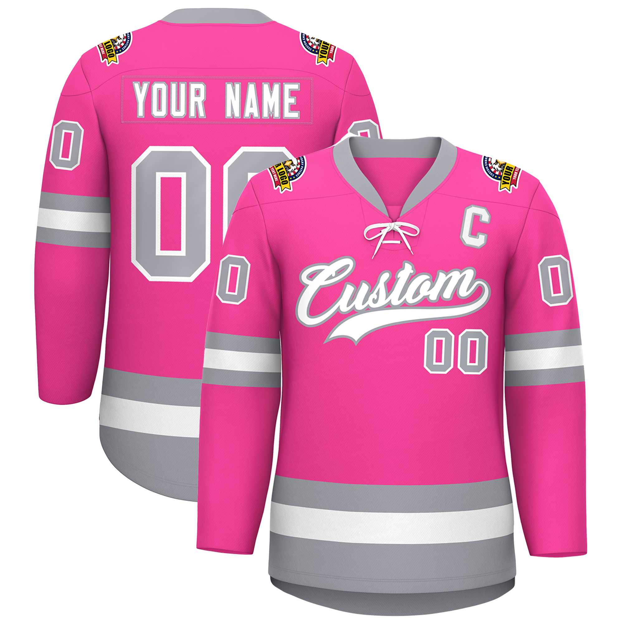 Custom Pink White-Gray Lace-Up Neck Hockey Jersey