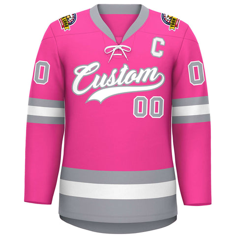 Custom Pink White-Gray Lace-Up Neck Hockey Jersey