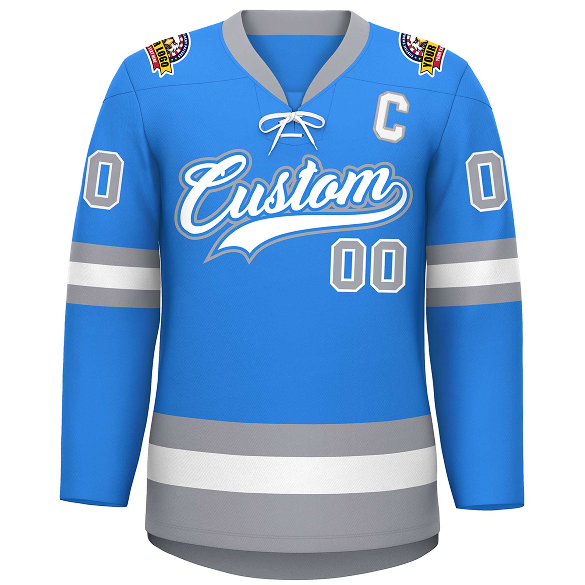 Custom Powder Blue White-Gray Lace-Up Neck Hockey Jersey