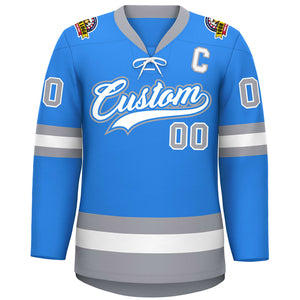 Custom Powder Blue White-Gray Lace-Up Neck Hockey Jersey