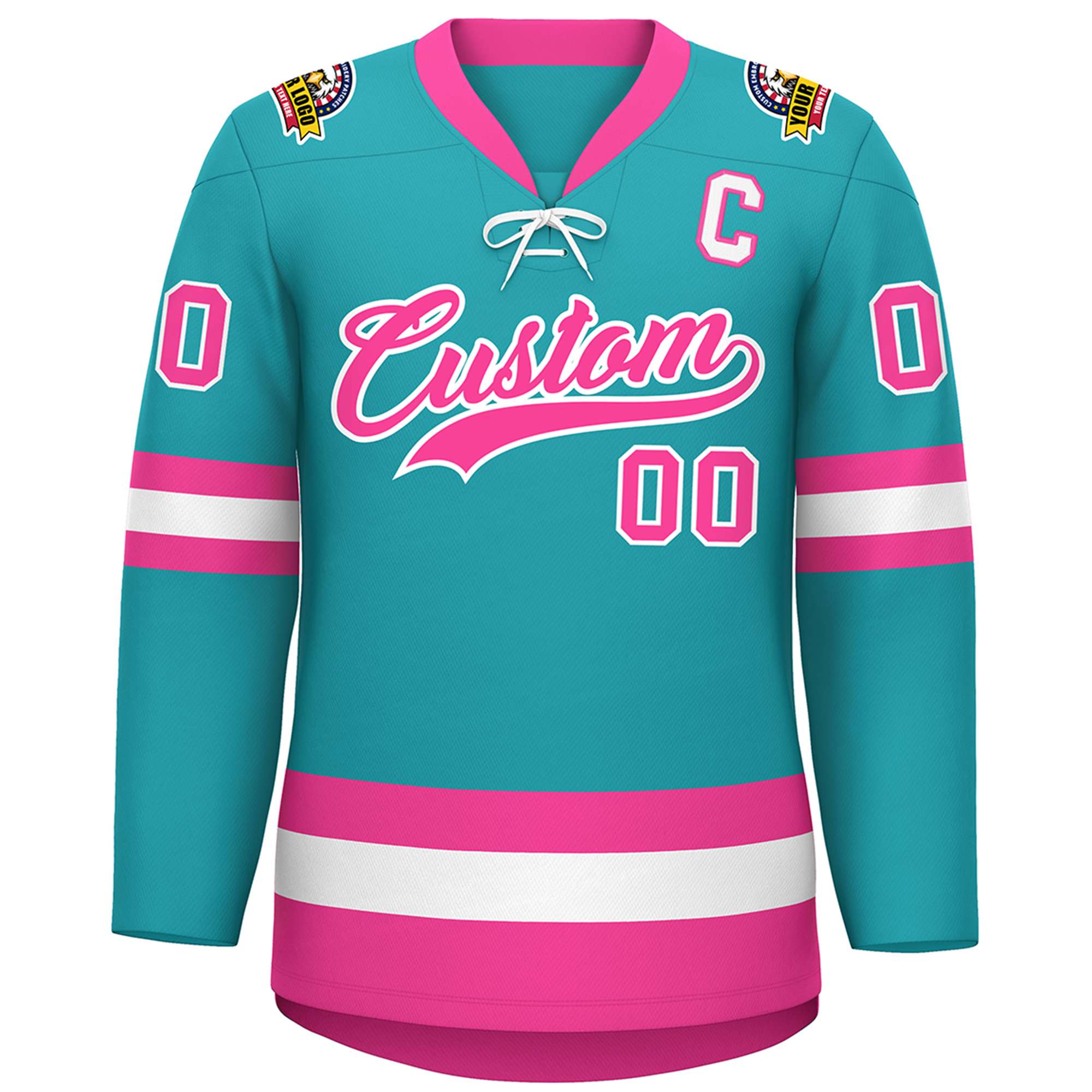 Custom Aqua Pink-White Lace-Up Neck Hockey Jersey