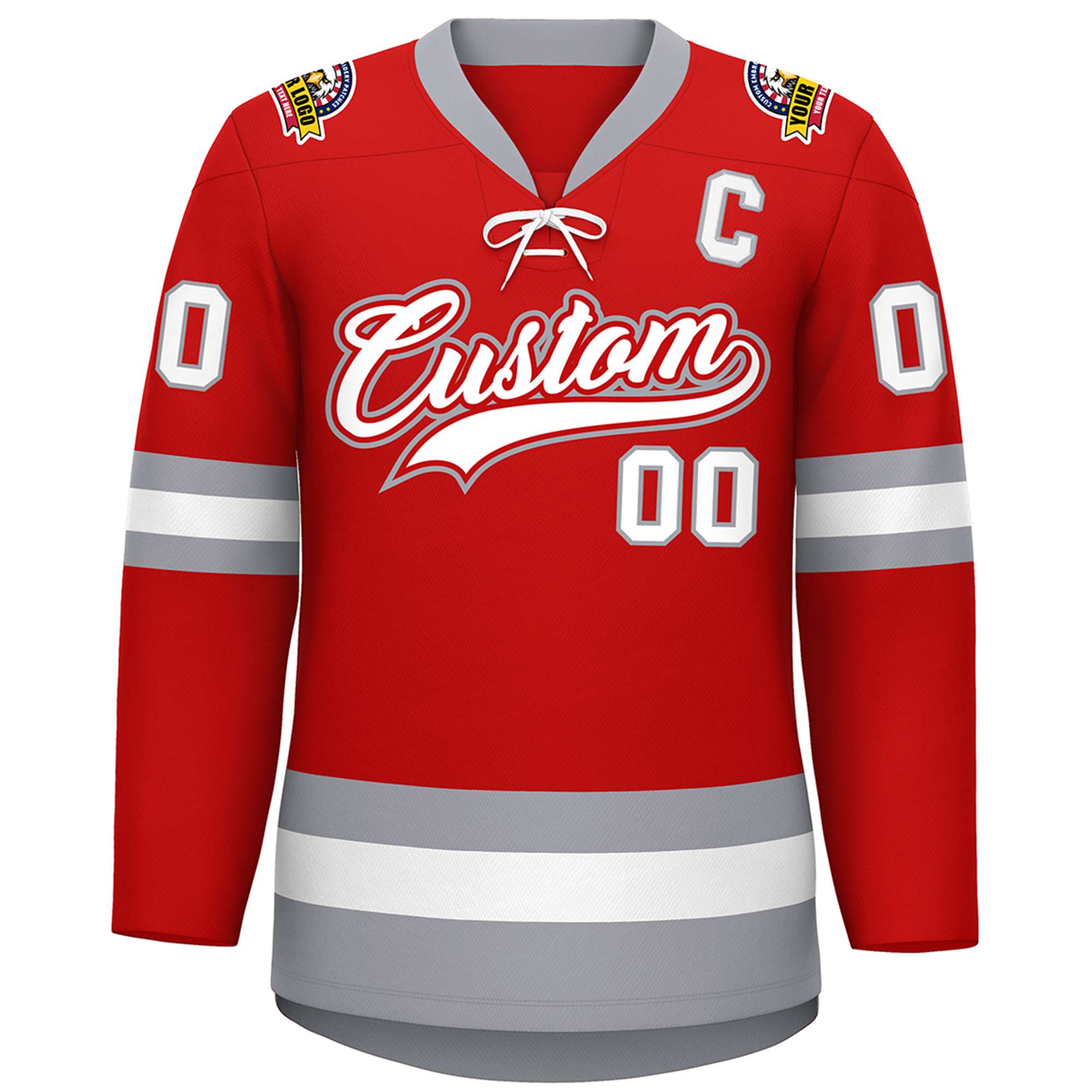 Custom Red White-Gray Lace-Up Neck Hockey Jersey