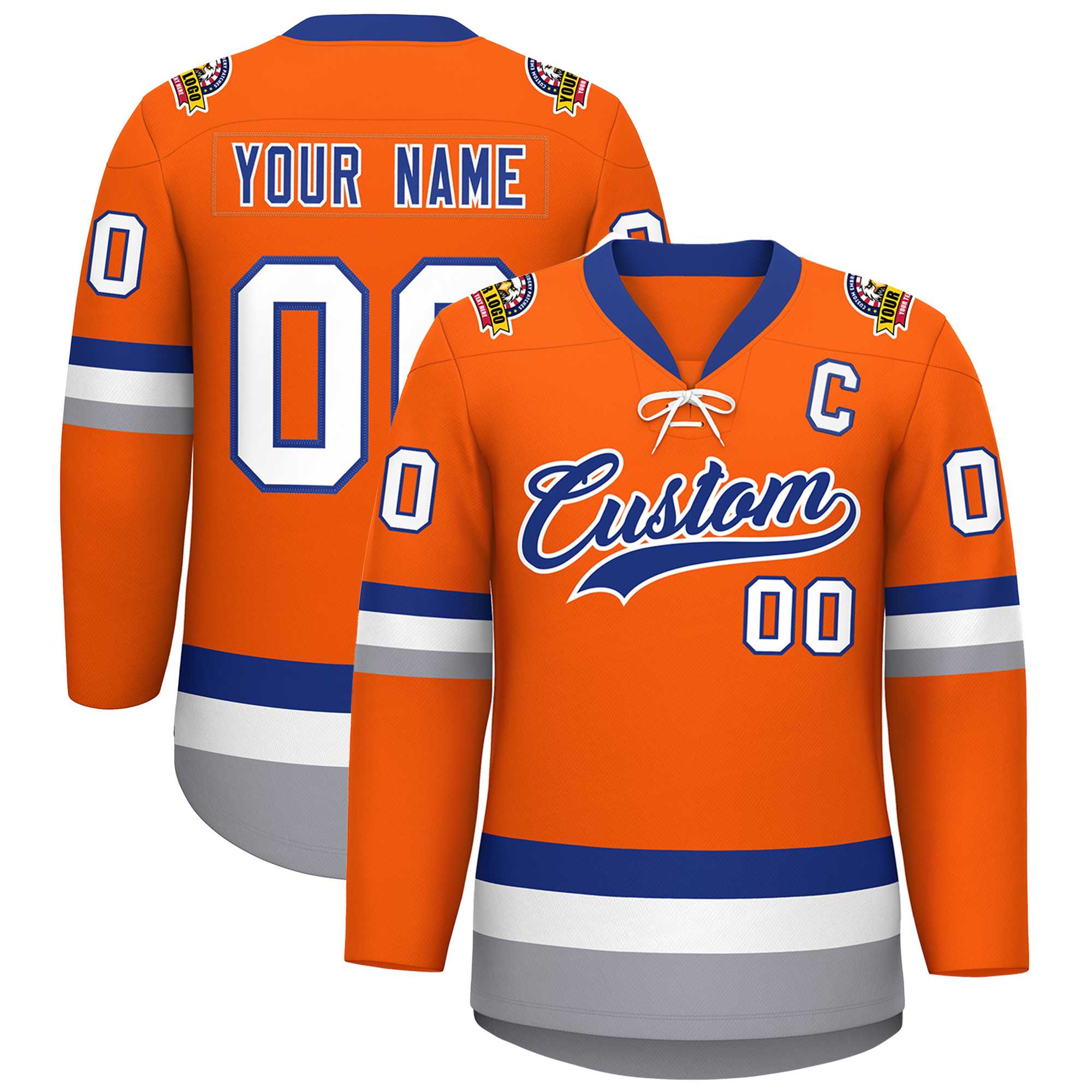 Custom Orange Royal-White Lace-Up Neck Hockey Jersey