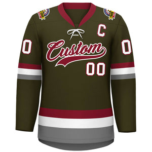 Custom Olive Crimson-White Lace-Up Neck Hockey Jersey