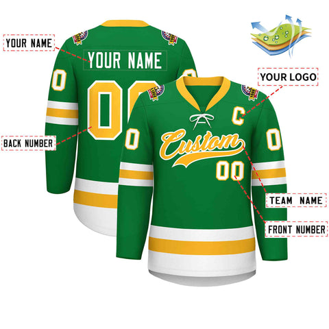 Custom Kelly Green Gold-White Lace-Up Neck Hockey Jersey