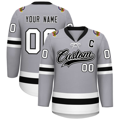Custom Gray Black-White Lace-Up Neck Hockey Jersey