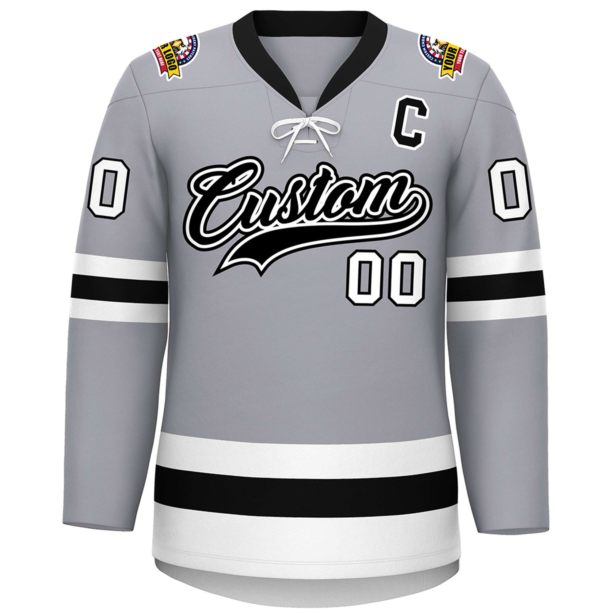 Custom Gray Black-White Lace-Up Neck Hockey Jersey