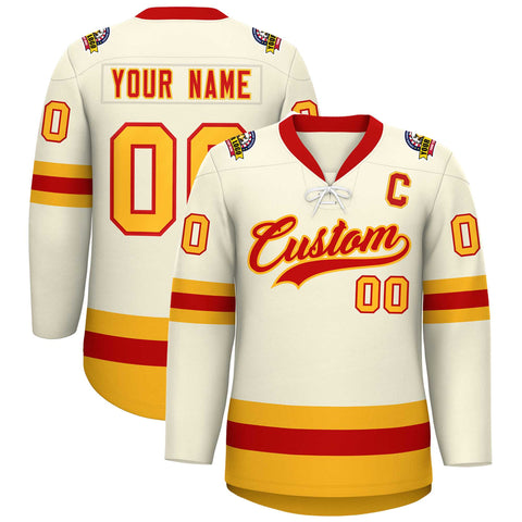 Custom Cream Red-Gold Lace-Up Neck Hockey Jersey