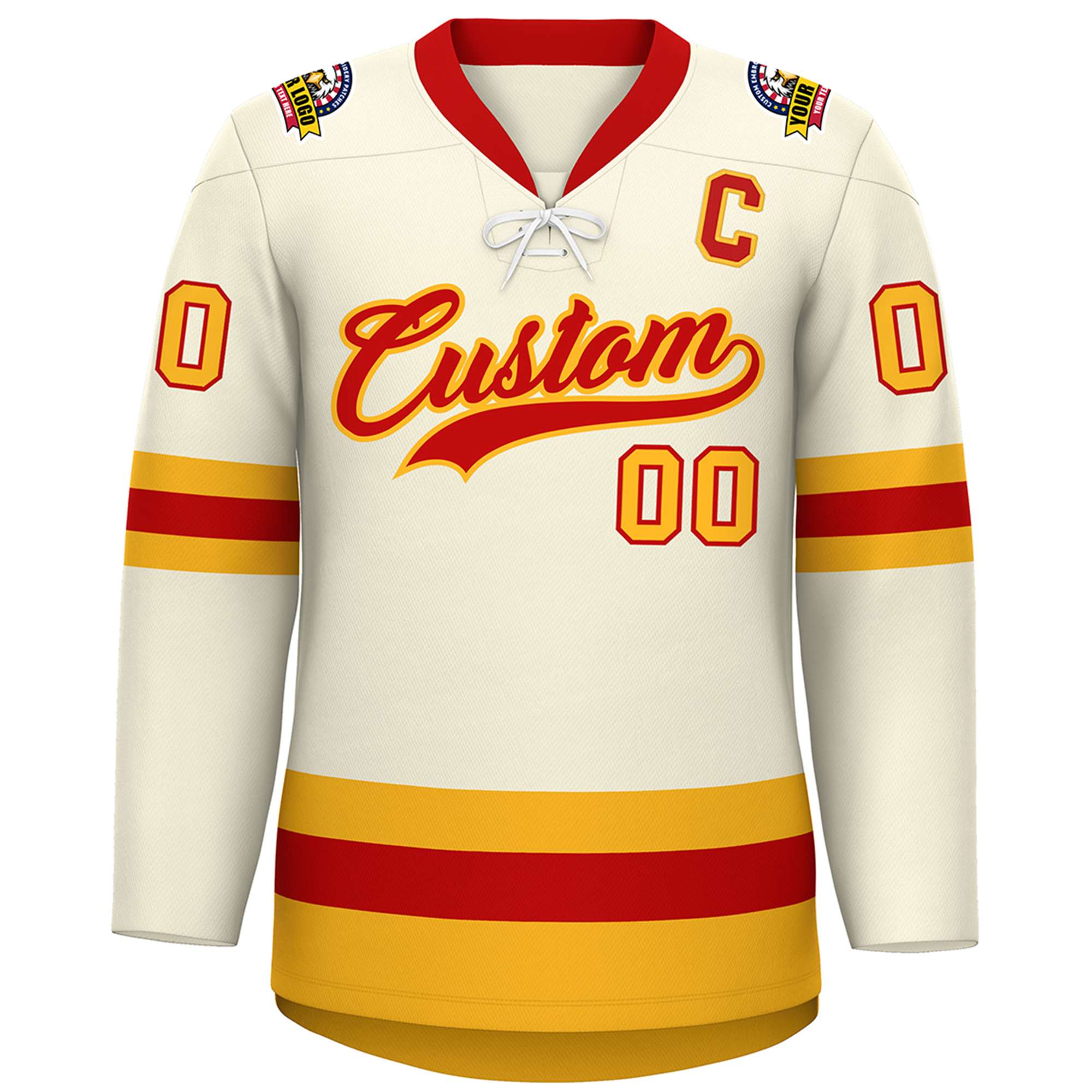 Custom Cream Red-Gold Lace-Up Neck Hockey Jersey