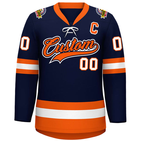 Custom Navy Orange-White Lace-Up Neck Hockey Jersey