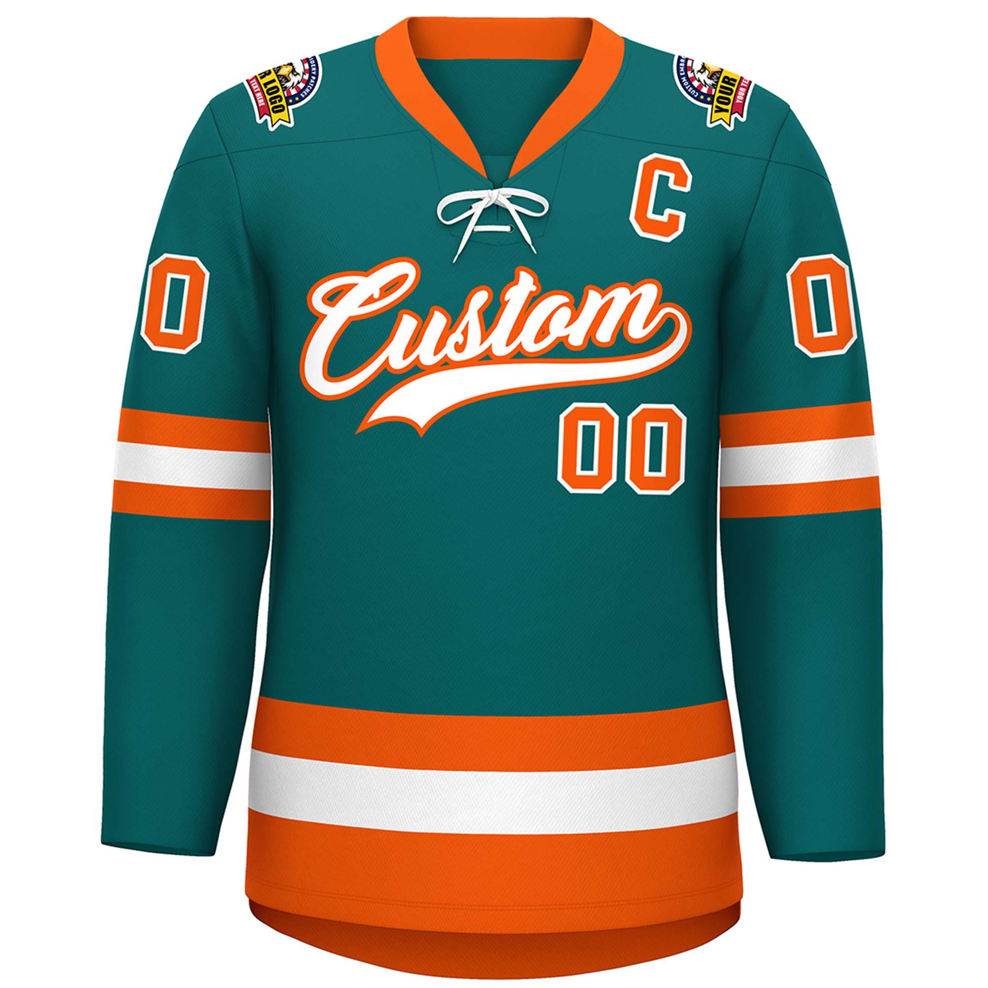 Custom Aqua White-Orange Lace-Up Neck Hockey Jersey