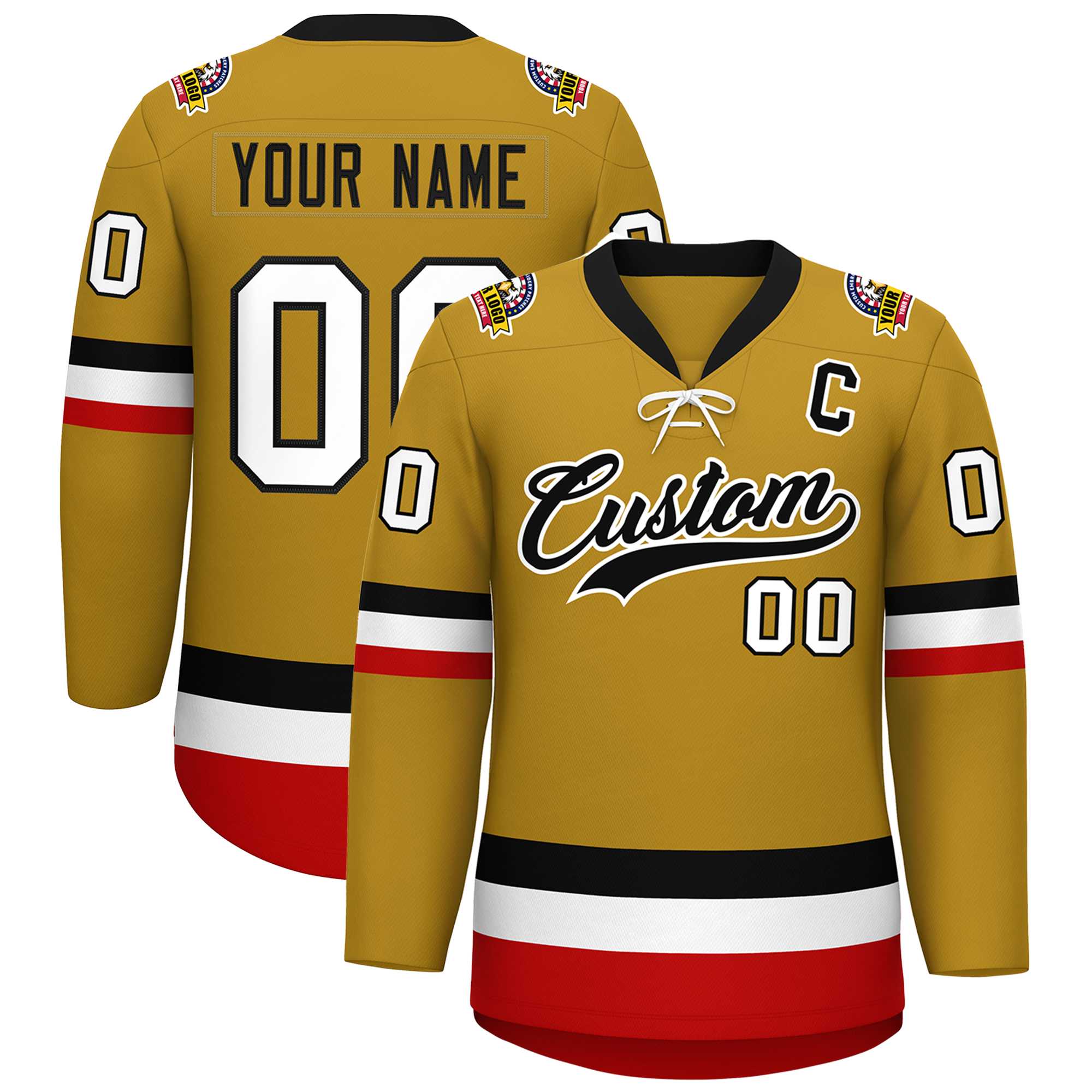 Custom Old Gold Black-White Lace-Up Neck Hockey Jersey