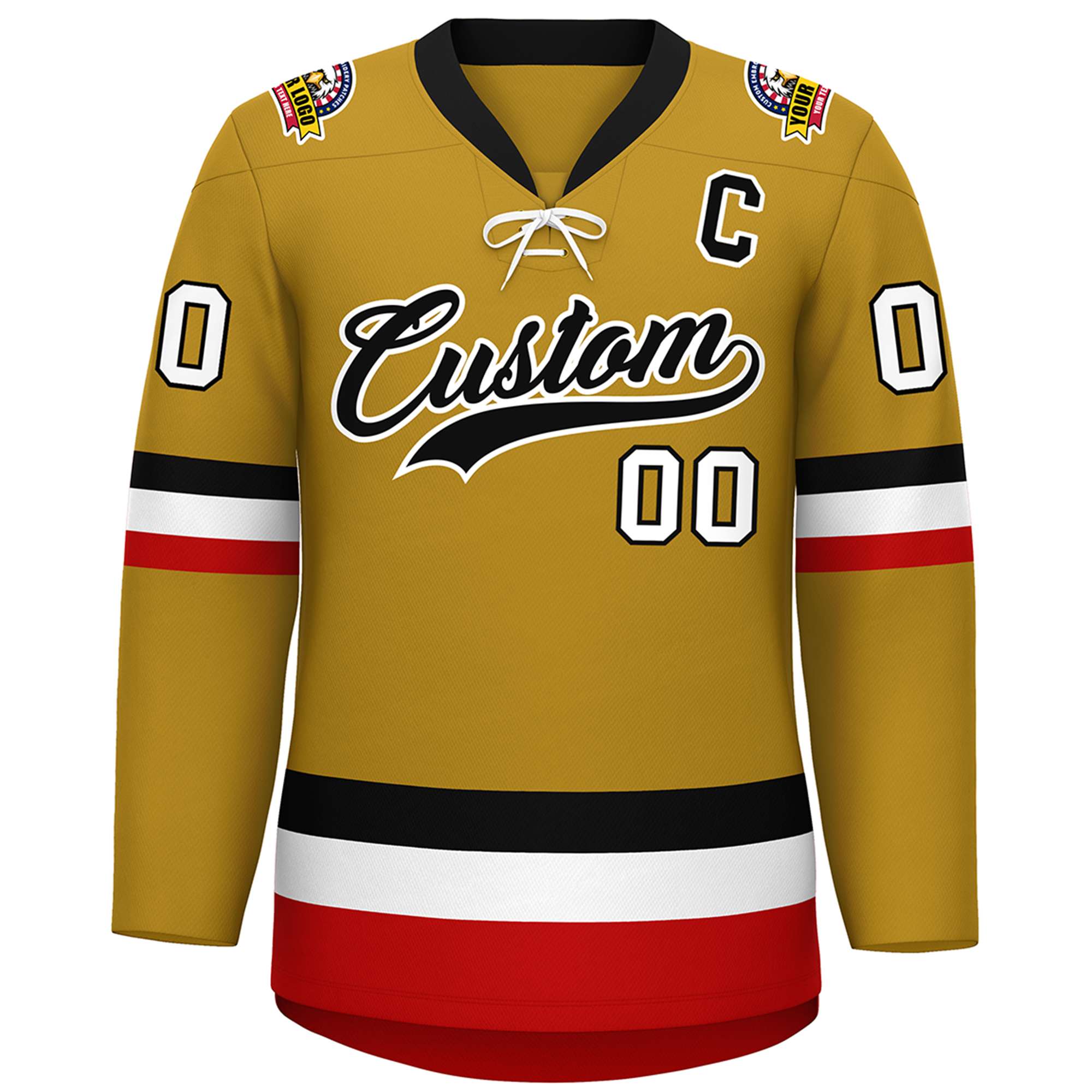 Custom Old Gold Black-White Lace-Up Neck Hockey Jersey