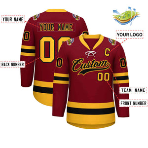 Custom Crimson Black-Gold Lace-Up Neck Hockey Jersey