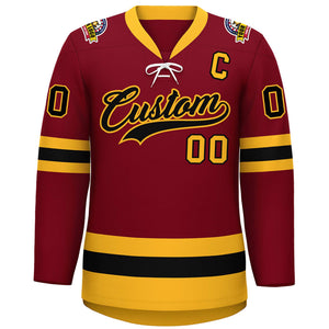 Custom Crimson Black-Gold Lace-Up Neck Hockey Jersey