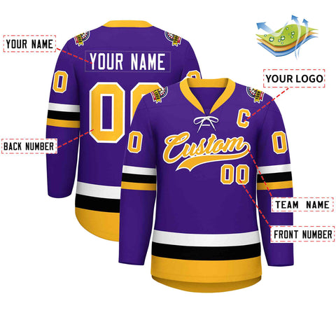 Custom Purple Gold-White Lace-Up Neck Hockey Jersey