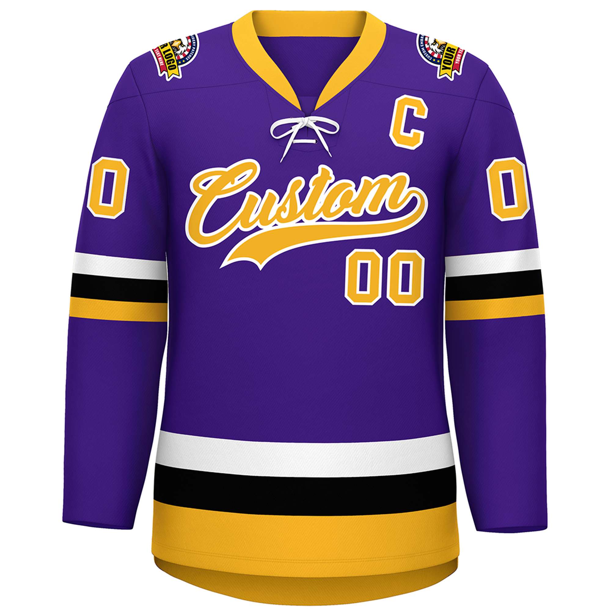 Custom Purple Gold-White Lace-Up Neck Hockey Jersey