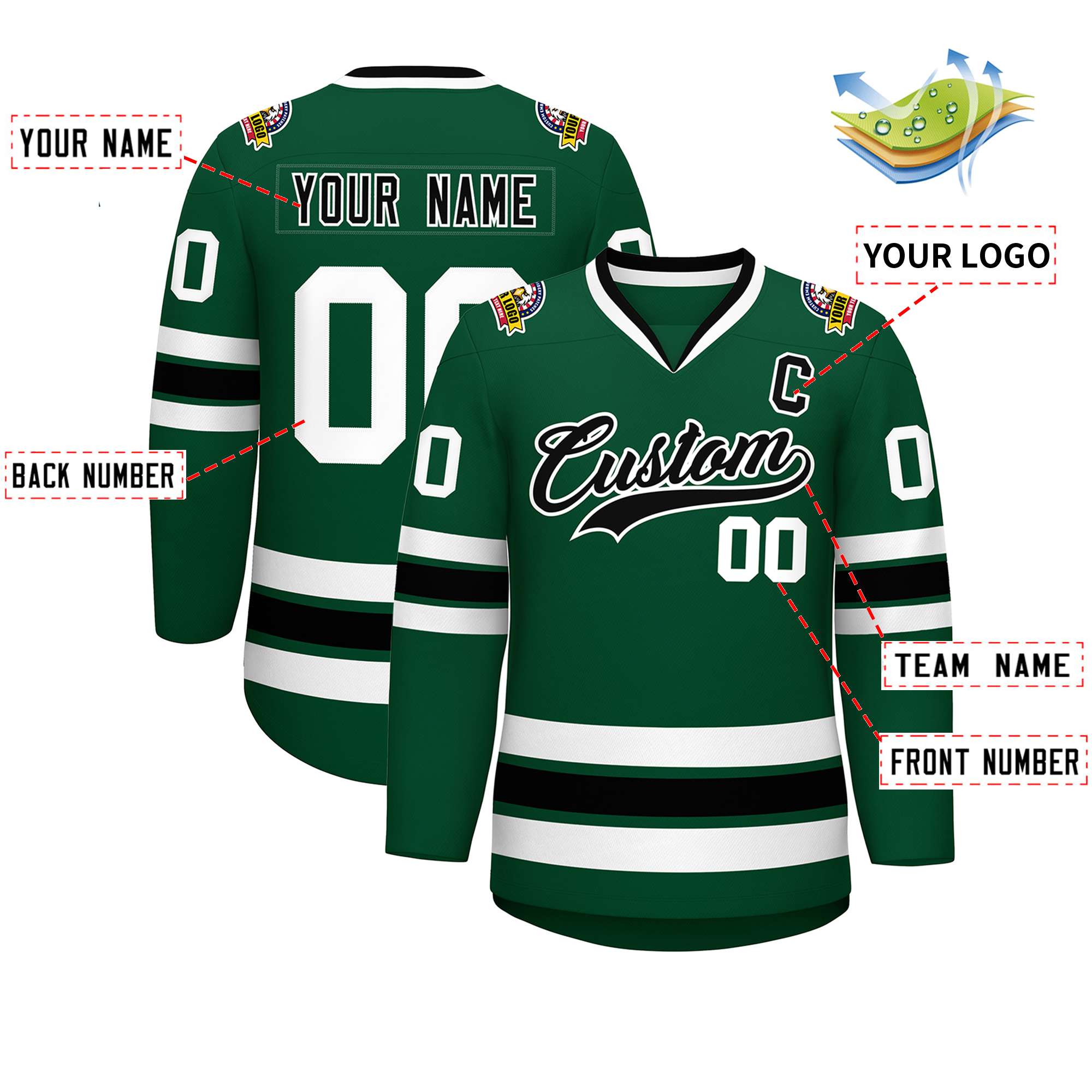 Custom Green Black-White Classic Style Hockey Jersey