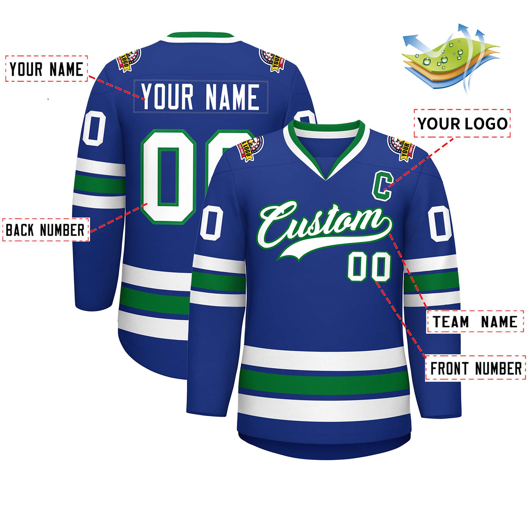 Maillot de hockey de style classique Royal White-Kelly Green personnalisé